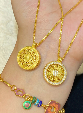 S925纯银镀黄金色镶钻旋转八宝罗盘项链女国潮风吊坠镂空罗盘爆闪