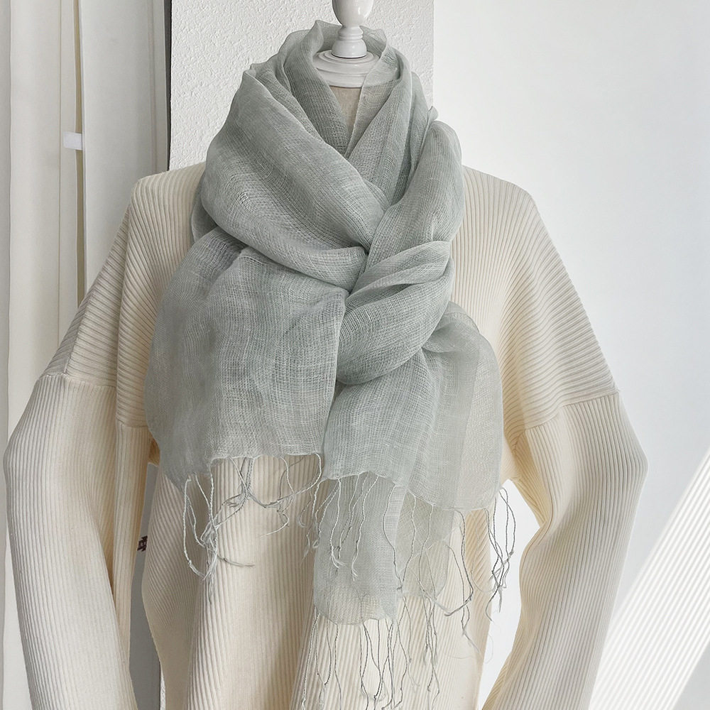 高端春秋季防晒亚麻丝巾纯色外贸薄款流苏披肩文艺森女系日韩纱巾