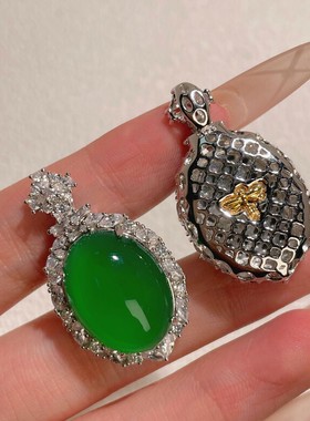 s925纯银饰天然高冰鸽子蛋面绿玉髓吊坠翡翠帝王绿色玉髓挂坠子女