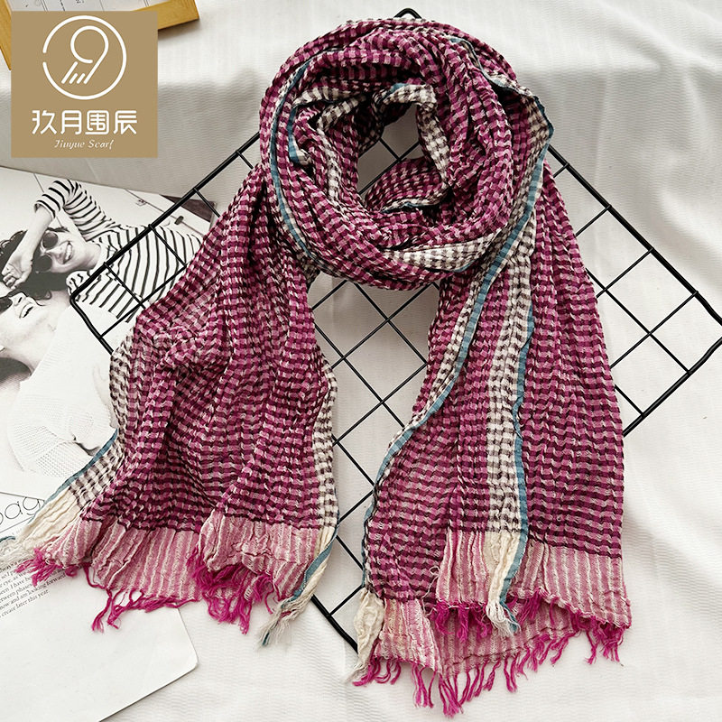 非主流个性复古小格子自然褶皱围巾条纹流苏棉质丝巾装饰披肩男女,服饰配件/皮带/帽子/围巾,围巾/丝巾/披肩,淘宝优惠券,粉丝福利购,淘宝优惠卷