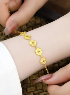 S925纯银镀黄金色钱多多五帝币手链五帝钱招财进宝钱币手饰手串女
