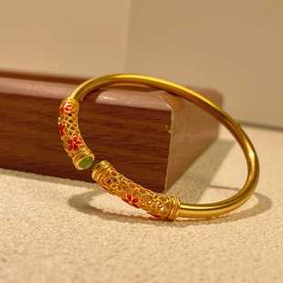 S925纯银镀黄金色镂空开口桃花圆手镯女中国风珐琅天然碧玉银镯子