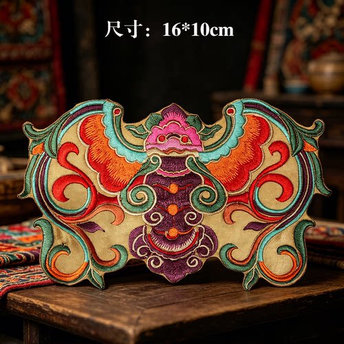 大号国风吉祥蝙蝠刺绣背胶布贴