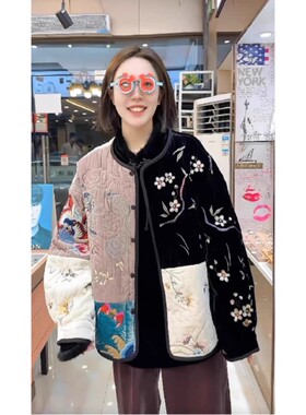 25新款高级感新中式国风复古唐装黑色大码拼接棉服外套女秋冬季