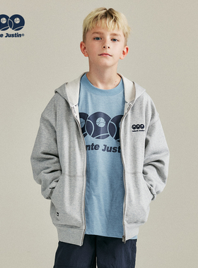 JUSTIN中大童少年感毛圈连帽卫衣青少年休闲绣花纯色拉链衫外套