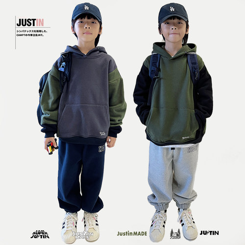 JUSTIN冬季男孩日系潮牌连帽卫衣