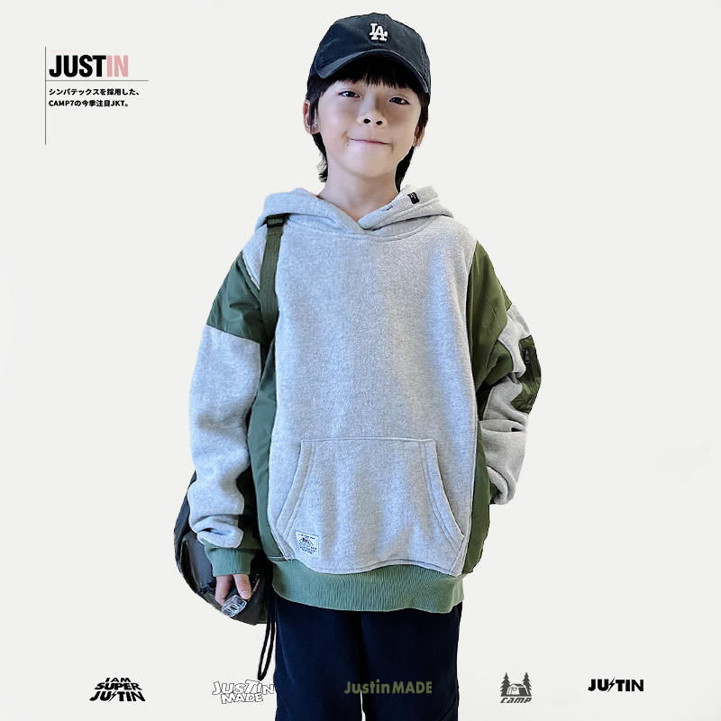 JUSTIN童装儿童冬装加绒拼接套头上衣男童孩日系潮牌运动连帽卫衣
