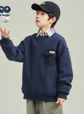 JUSTIN童装儿童冬季一体绒加绒圆领卫衣男孩cityboy套头保暖上衣