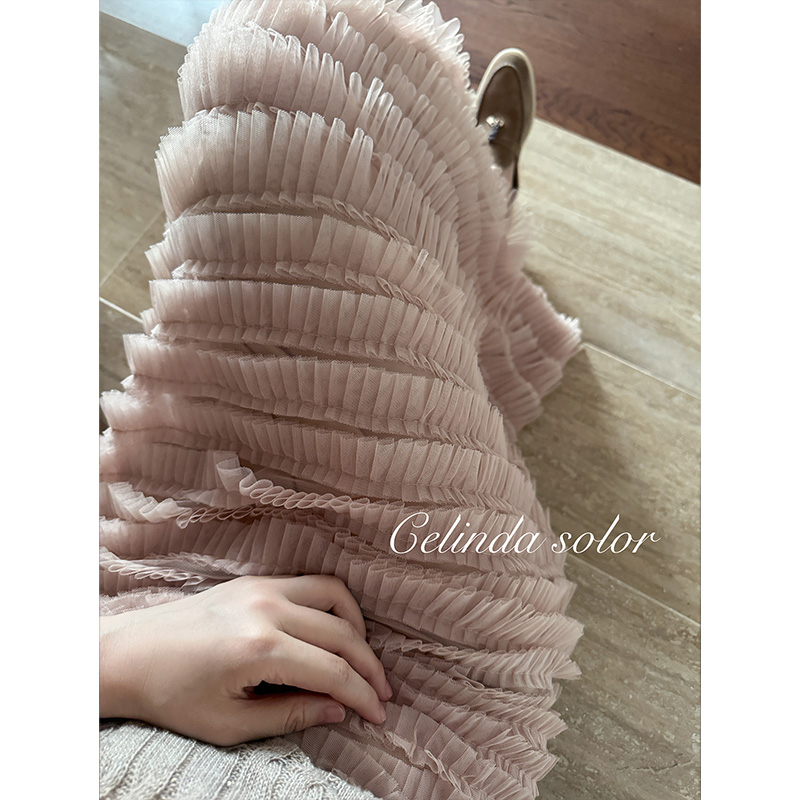 娇阳自制无补！高定级别 纯手工编织对折压褶 祼粉A字网纱蛋糕裙