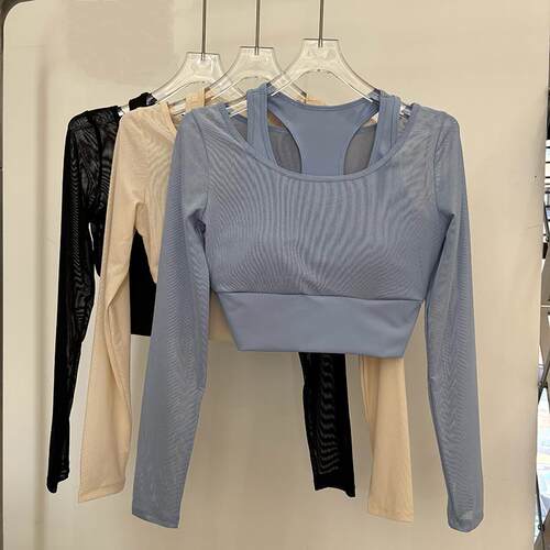 女带胸垫长袖透气速干瑜伽服上衣