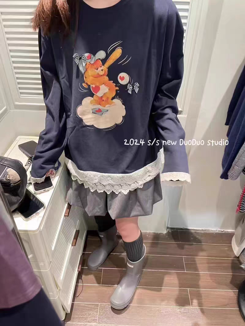 蕾丝花边女秋冬磨毛宽松卡通印花中长款长袖遮屁股打底衫上衣
