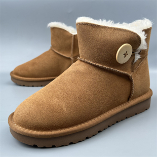 撤柜冬季毛绒真皮雪地靴女反绒皮加厚保暖短靴纽扣女棉鞋商场品牌