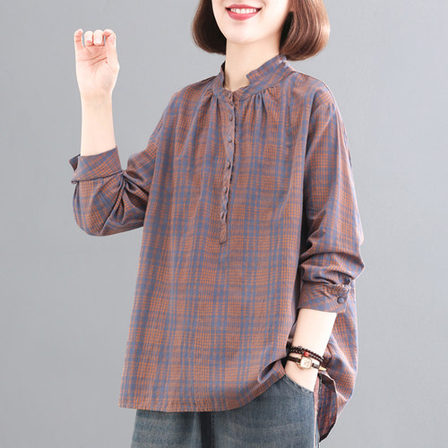 春秋新款韩版大码遮肉格子衬衫女