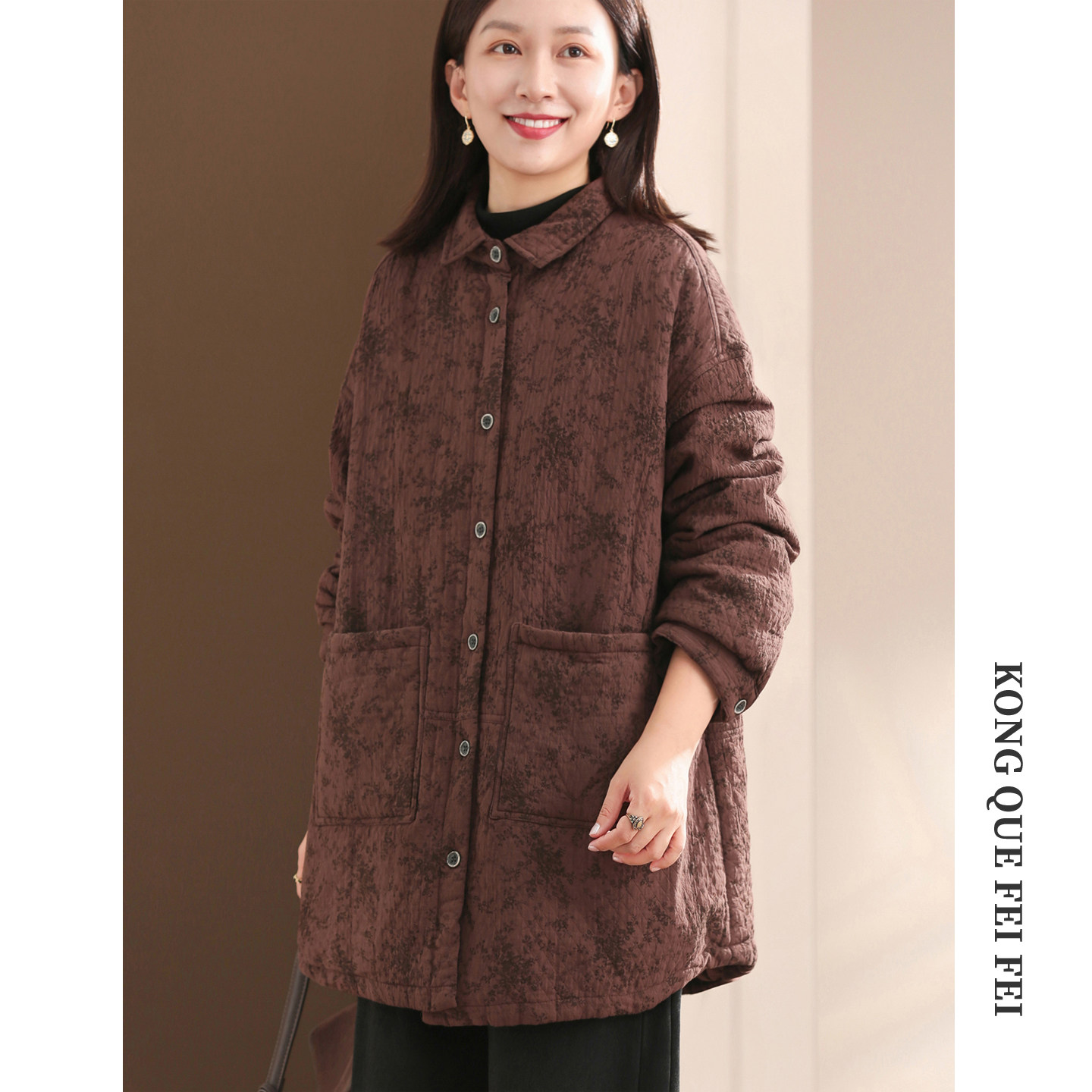 孔雀飞飞2025冬装新款韩版大码遮肉复古中长款印花女宽松休闲棉衣,女装/女士精品,棉衣/棉服,淘宝优惠券,粉丝福利购,淘宝优惠卷