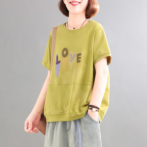 孔雀飞飞2025夏装新款韩版大码遮肉印花套头复古休闲短袖t恤女