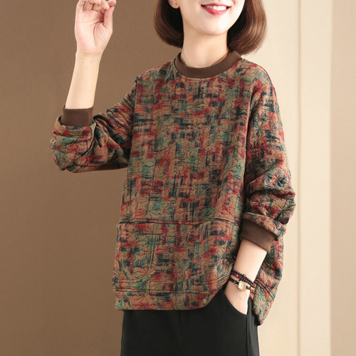 孔雀飞飞2026韩版大码遮肉复古印花洋气套头时尚休闲卫衣女春秋