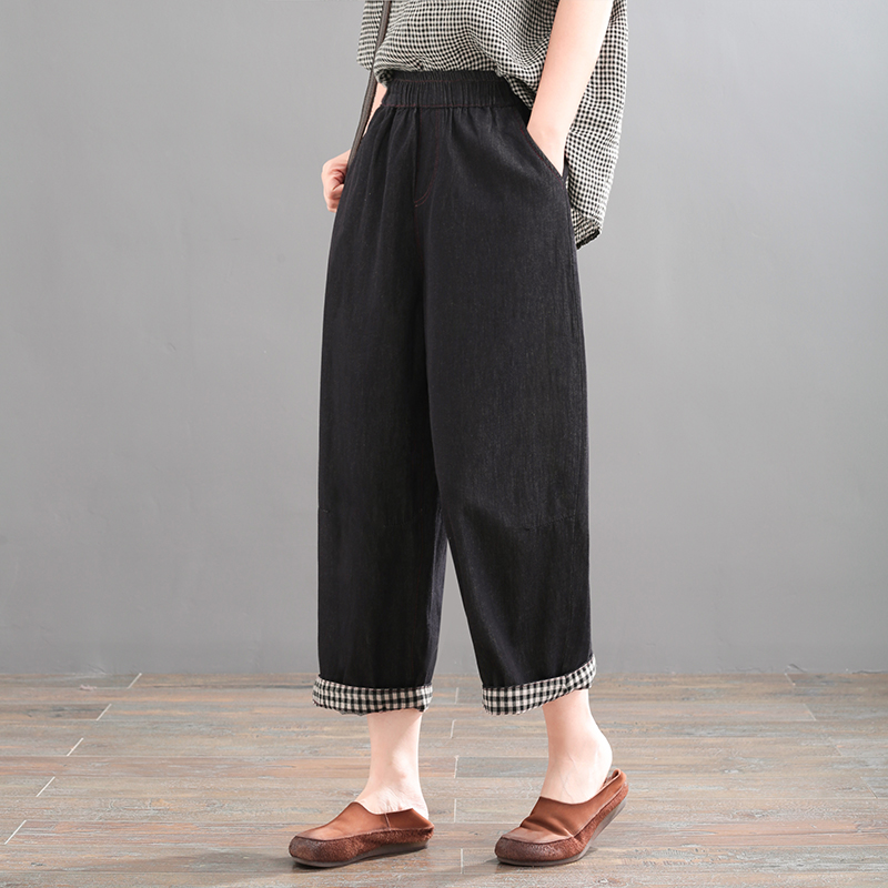 孔雀飞飞夏装韩版大码遮肉休闲气质深色复古牛仔哈伦裤女2025新款