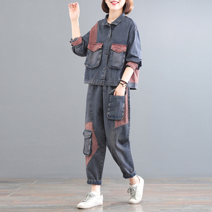 孔雀飞飞秋装新款韩版宽松显瘦复古做旧两件套气质女大码牛仔套装