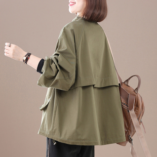 风衣外套女胖mm春秋 宽松显瘦纯色高领简约大码 孔雀飞飞新款 韩版