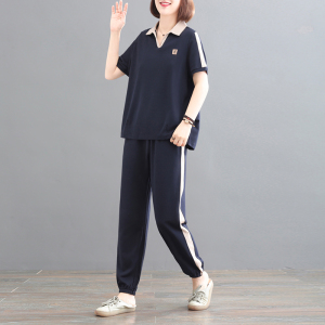 孔雀飞飞2023新款韩版大码遮肉减龄简约两件套气质休闲套装女夏季