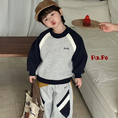 2025深秋PAPO一体绒男童套装男孩加绒卫衣卫裤宝宝上衣长裤