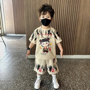 男童儿童卫衣运动服春夏款潮帅气时髦短袖短裤套装哪吒卡通