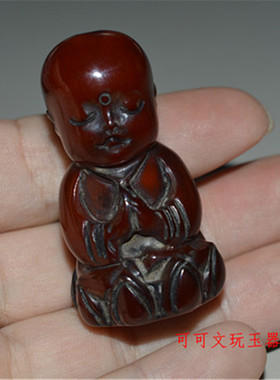 牛角挂坠手把件雕刻挂件天然实心小和尚宝宝角雕男士随身