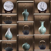 新中式 茶室酒店民宿博古架高档复古茶柜玄关茶道摆件茶壶陶瓷花瓶