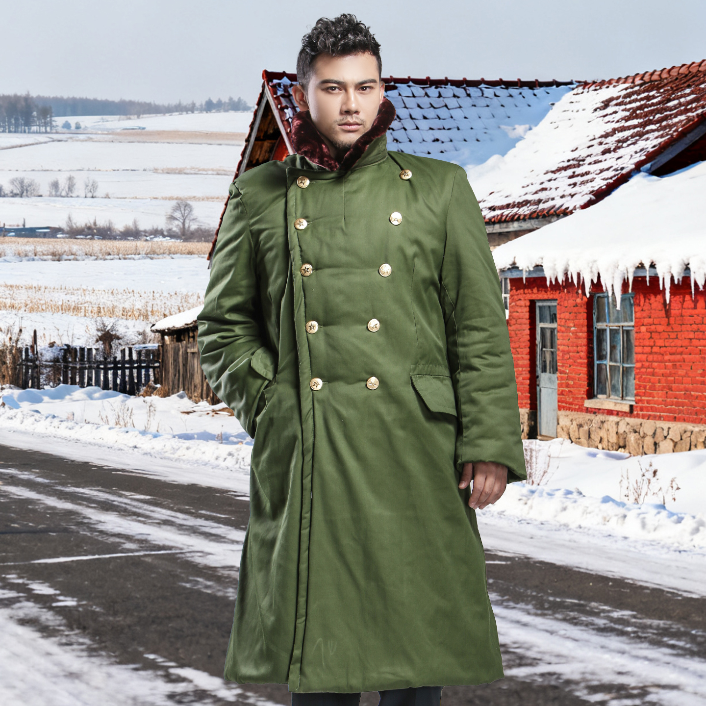 双排扣长款棉大衣冬季加厚保暖