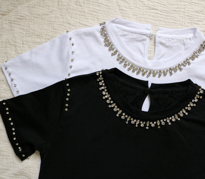 春夏佟丽娅同款水钻纯棉t恤短袖女宽松上衣 钉珠半袖白色圆领镶钻