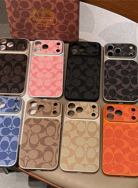 秒变十七适用iPhone17promax手机壳橙色潮苹果16pro保护套皮质15软包边包摄像头14Pro复古防刮老花13奢华新款