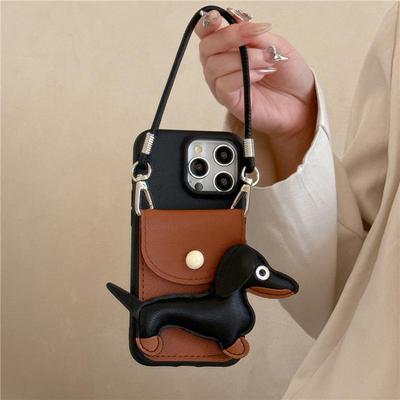 适用苹果15ProMax手机壳手挂绳零钱包iPhone16pro软胶防摔17p保护套皮纹可斜跨装卡14小众高级女新款腊肠狗13