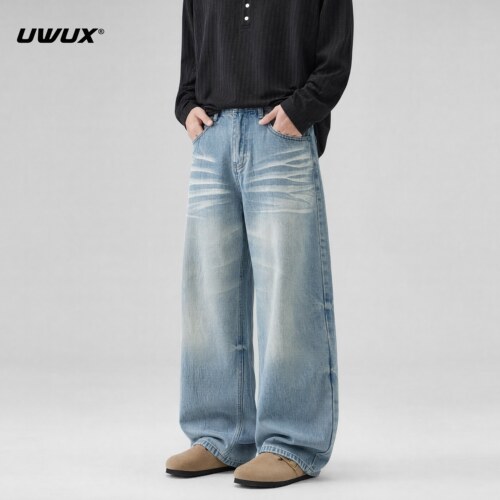 UWUX美式复古猫须微喇阔腿牛仔裤
