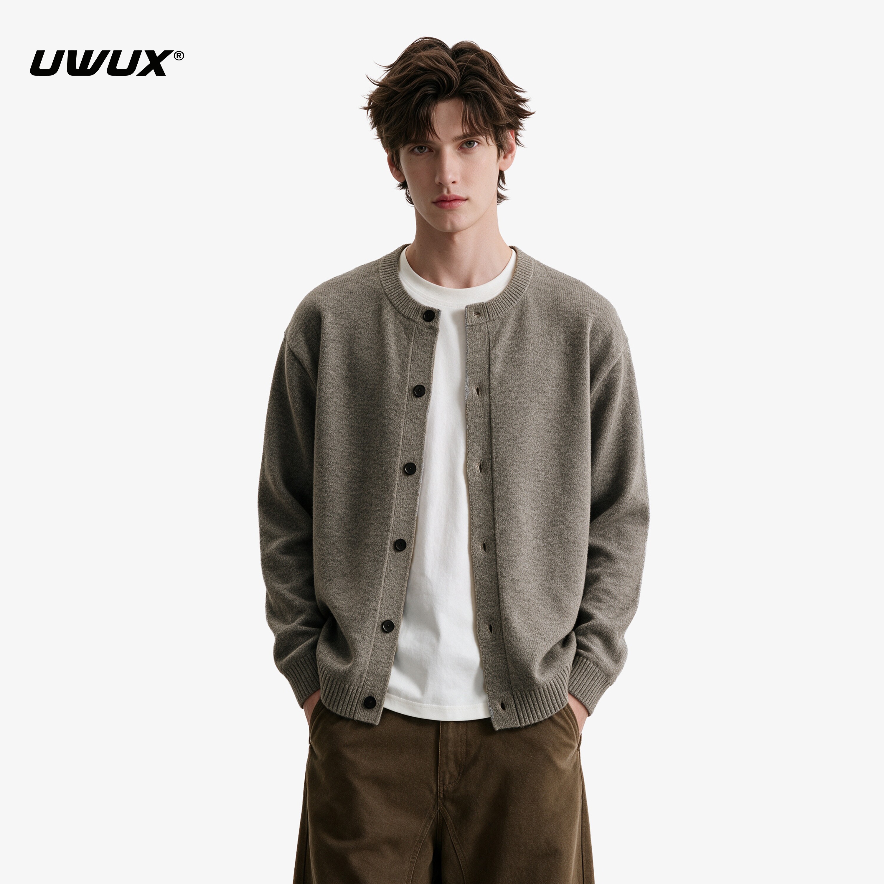 UWUX美式潮牌慵懒风开衫毛衣男女秋冬季cleanfit含绵羊毛针织外套
