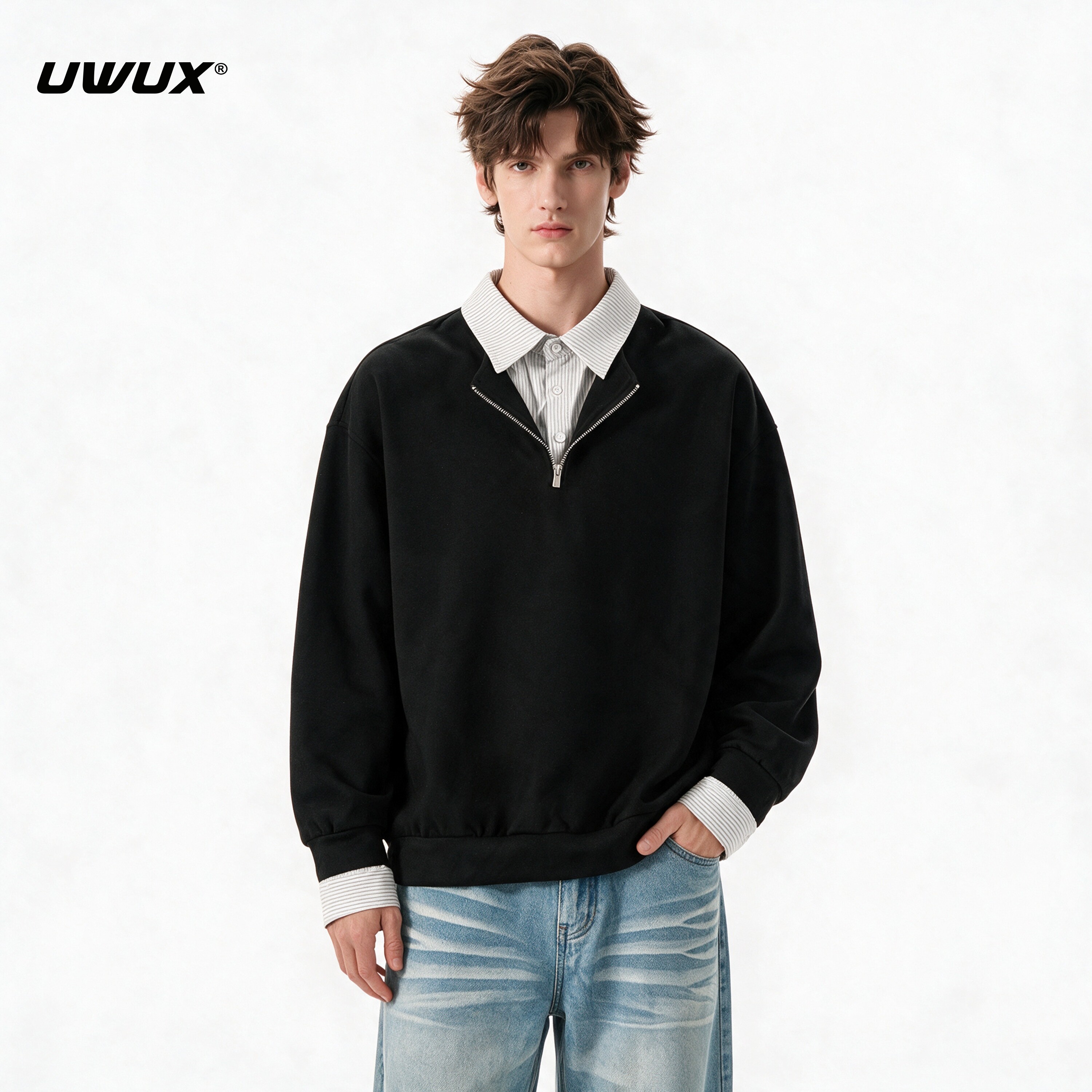 UWUX假两件POLO领半拉链卫衣男女
