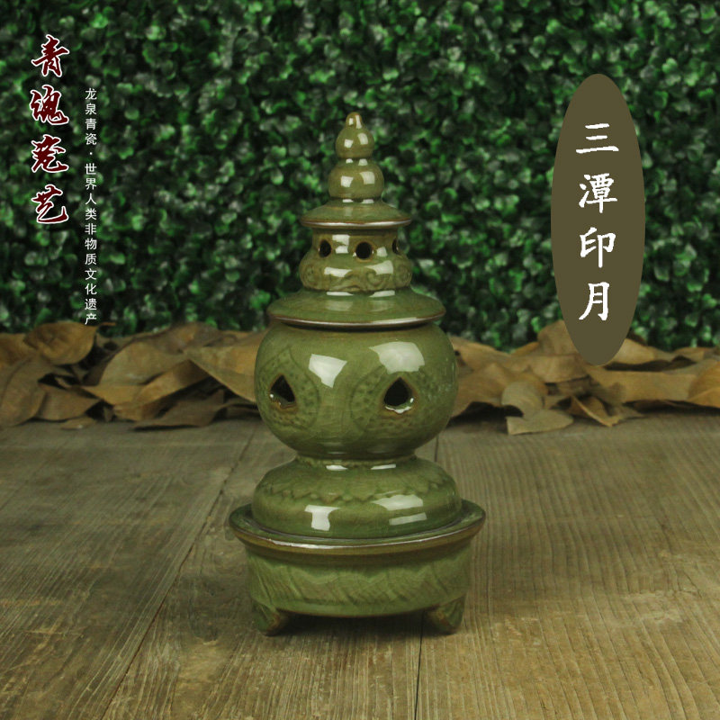 龙泉青瓷杭州西湖手工 三潭印月 塔线香炉盘香炉香道居家熏香用品