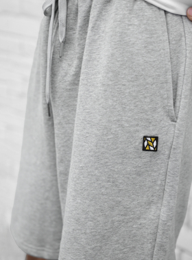 NNID绣花标五分裤男欧美风LOGO绣花黑色麻灰色2023夏微弹力毛圈布