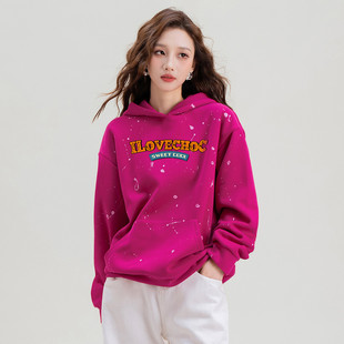 宽松上衣潮牌 新款 ILOVECHOC美式 复古泼墨连帽卫衣女2026秋季