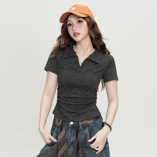 ILOVECHOC2026年夏季扎染Polo衫短袖T恤女褶皱收腰显瘦修身上衣