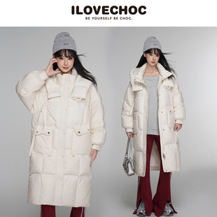 ILOVECHOC 2025冬季新款连帽长款羽绒服90白鸭绒过膝显瘦大口袋潮