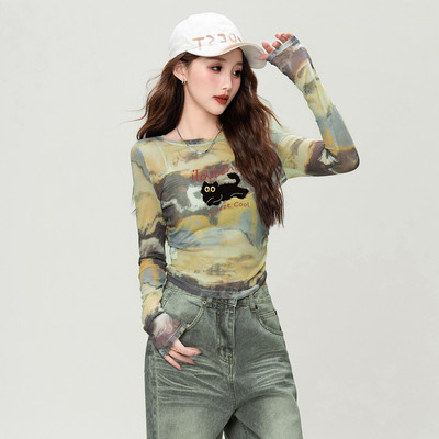 ILOVECHOC猫咪印花扎染网纱罩衫2025夏季修身薄款百搭辣妹上衣