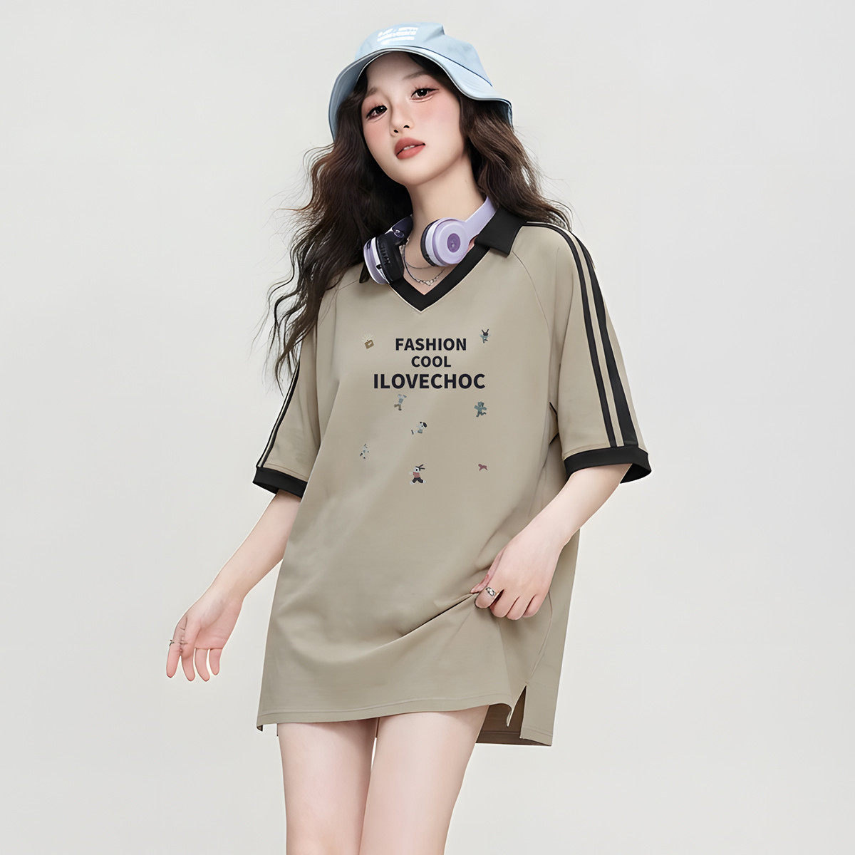 I Love Choc美式polo领拼色宽松搞怪印花T恤女春夏设计感开衩上衣
