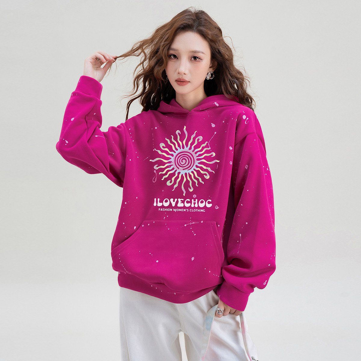 ILOVECHOC 泼墨涂鸦印花连帽卫衣女秋设计感宽松显瘦套头上衣