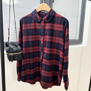 出口单法式元宝领红黑格子磨毛衬衣 纯棉布包扣打底衬衫内搭叠穿