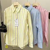 全棉牛津纺翻领叠穿中性打底外穿衬衣女 竖条纹衬衫 工装 风宽松大码