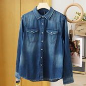 欧美双口袋磨破叠穿纯棉水洗牛仔衬衫 百搭内搭打底街头风衬衣上衣