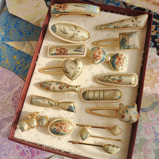 成品宋锦发饰三马四季纹锦非遗手工发夹弹簧夹侧边发夹一字夹抓夹