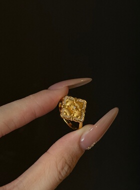 千夕足金999拉丝四叶花戒黄金戒指女款七夕情人节生日礼物送女友
