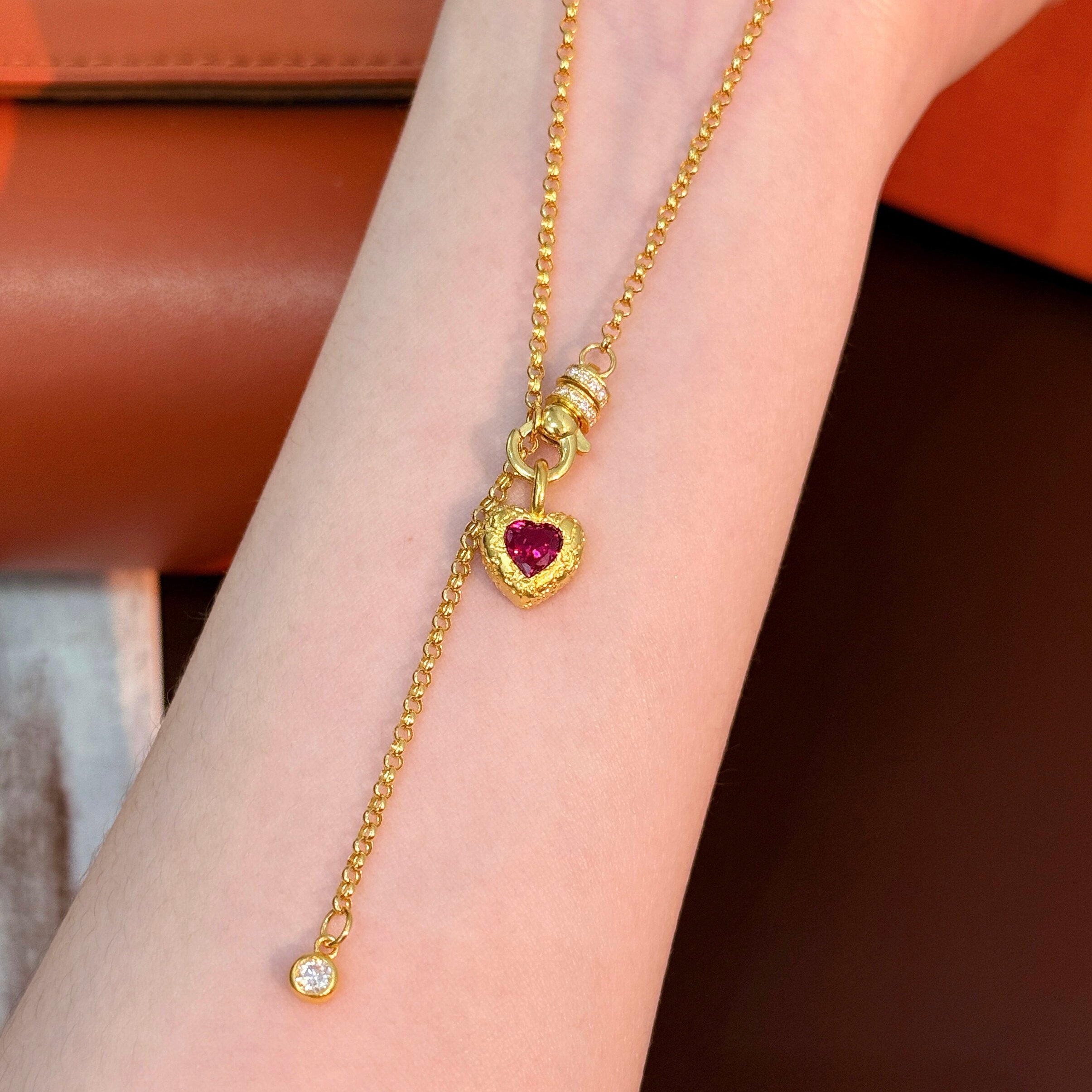 千夕 足金999红宝缍纹爱心珍珠黄金项链女款情人节生日礼物送女友