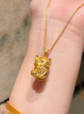 千夕 足金999招财猫吊坠黄金吊坠女士装饰情人节生日礼物送女友